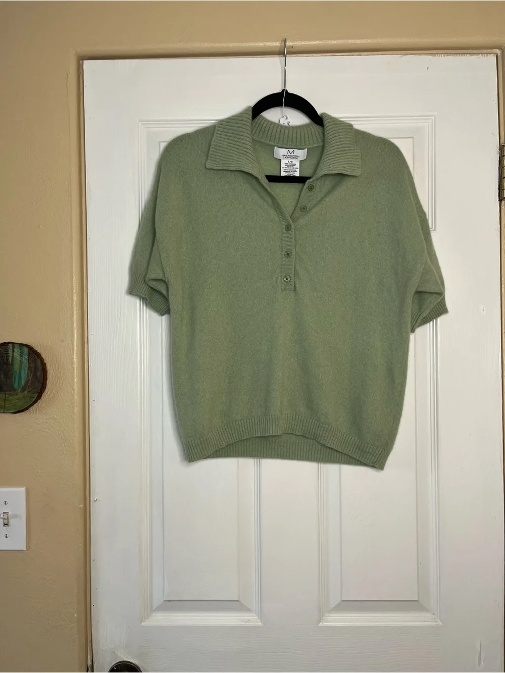 Magaschoni 100% Cashmere Short-Sleeve Polo V-Neck Sweater in Sage Green